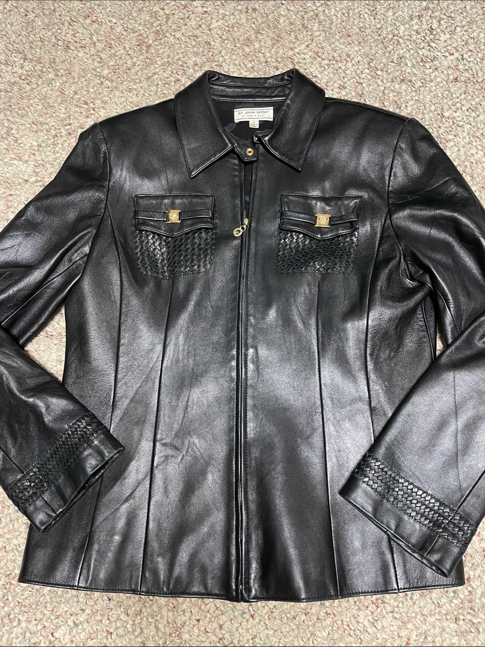 St. John Black Leather Jacket with Woven Trim and Gold Hardware accents